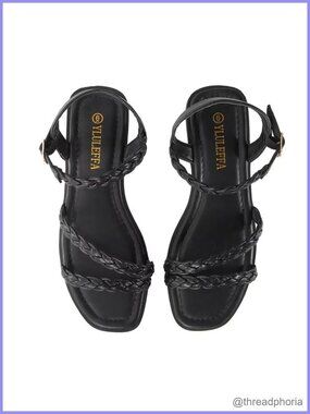 Womens Braided Flat Sandals PU Leather Square Toe Ankle Strap Slingback